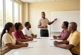 Community health workers learning together in a training room