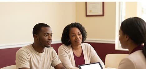 Patient, caregiver, and care navigator reviewing support technology together